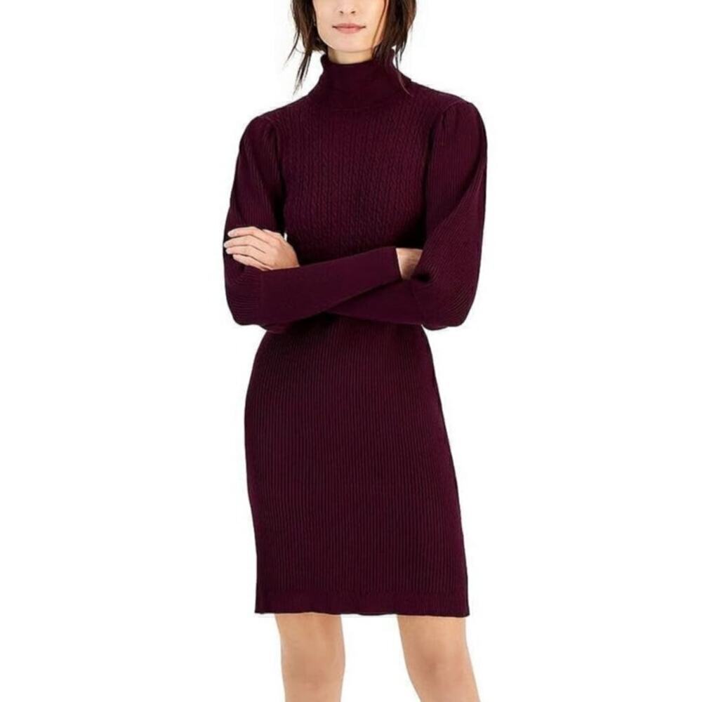 Taylor Sweater Dress Cable Knit Turtle Neck Puff Sleeve Mini Fig Maroon M